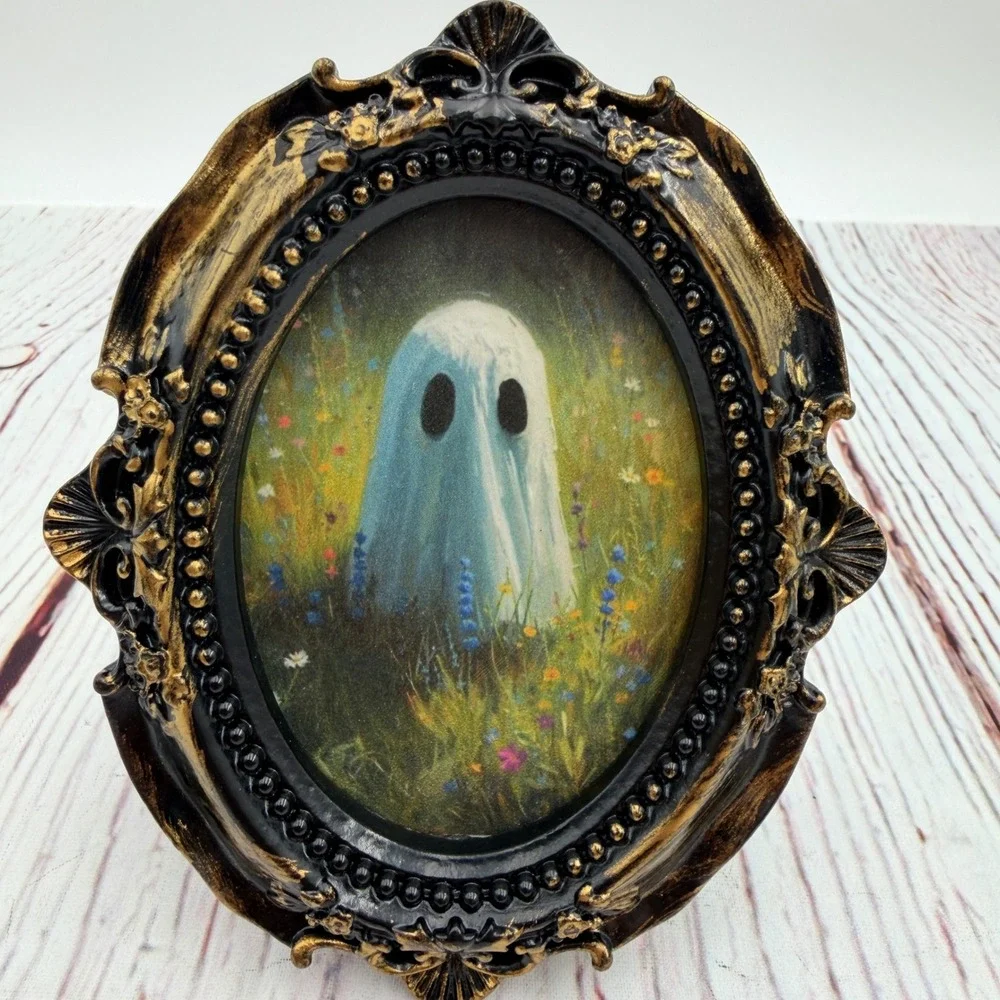 Ghost in Wildflower Field Decoupage Art Ornate Gold Black Resin Frame 4.5 inch